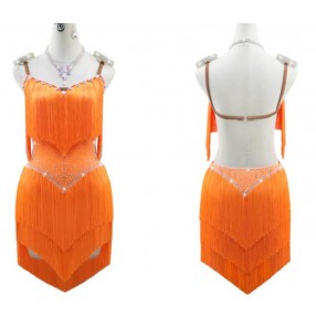 Customized size orange fringe competition latin dance dresses for women girls ballroom salsa rumba chacha performance costumes for female